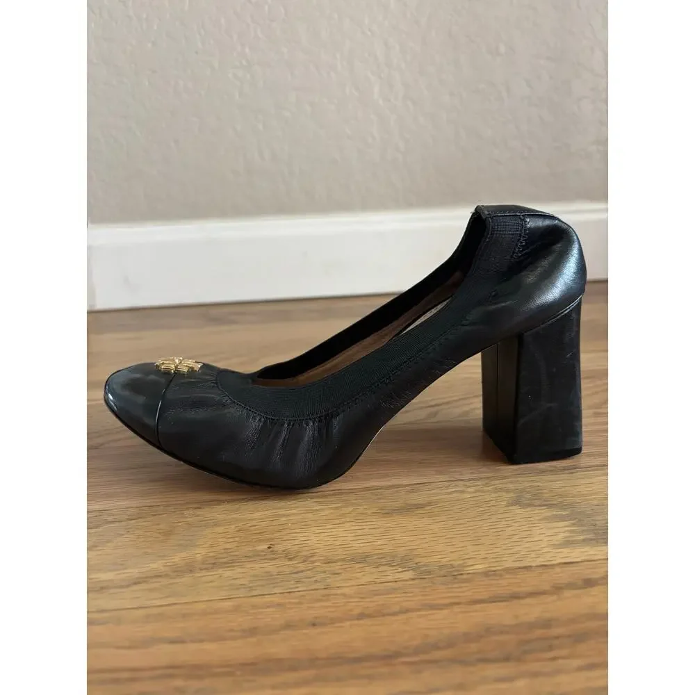 Tory Burch Jorie Block Heel Pumps Black Leather Gold Logo Medallion Size 6.5